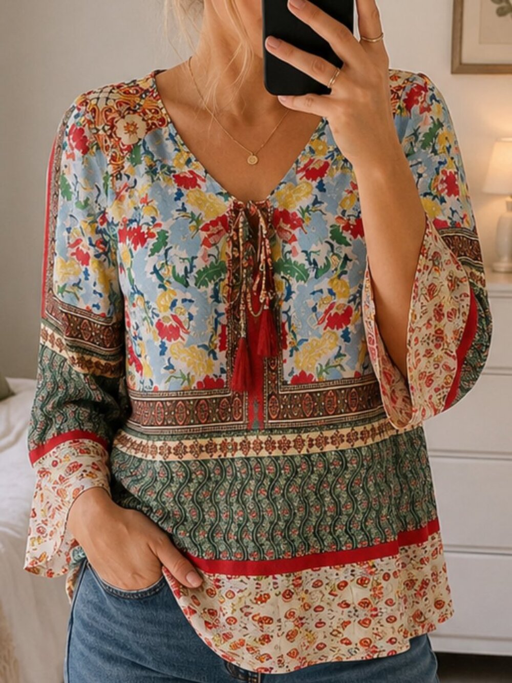 Fig & Flower Blouse S Floral Border Print Boho Peasant Tassel Tie Bell Sleeve